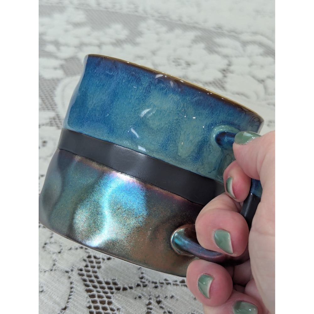 Vintage Coffee Mug Teal Blue Iridescent Studio Pottery Square Handle - Picture 13 of 14